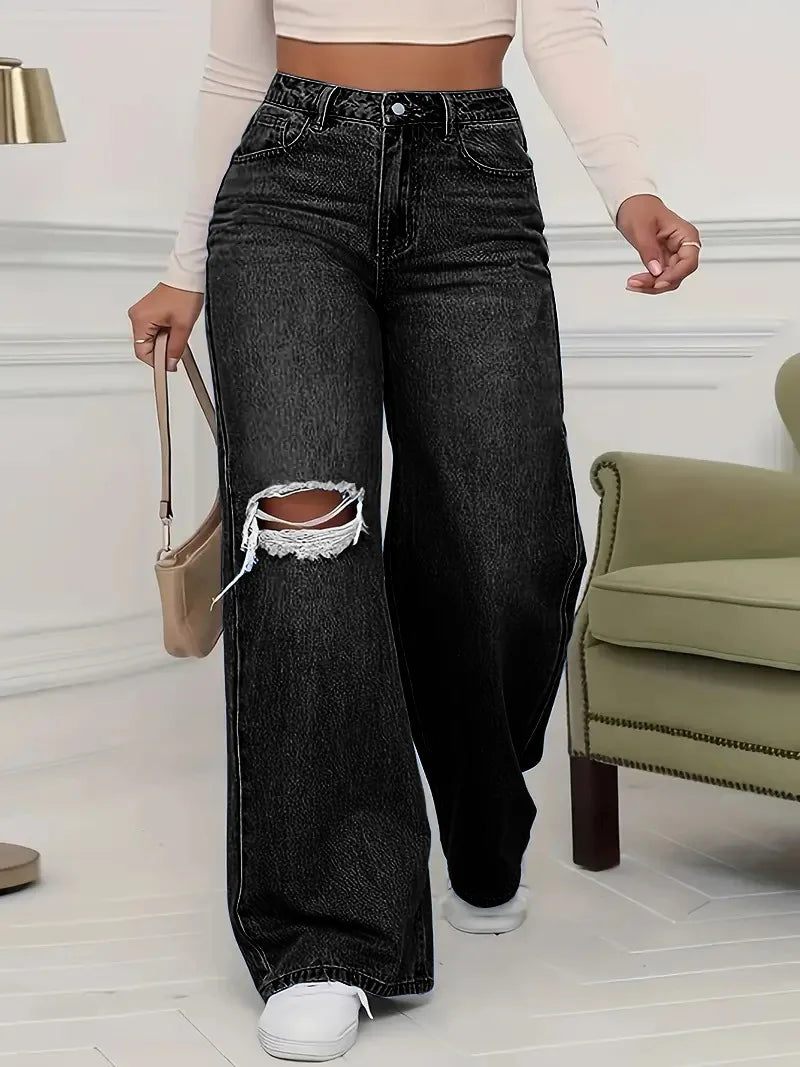Pantalon en Denim à jambes larges pour femmes, ample, taille haute, trou de personnalité délavé, nouvelle mode classique décontractée, longueur au sol, quatre saisons