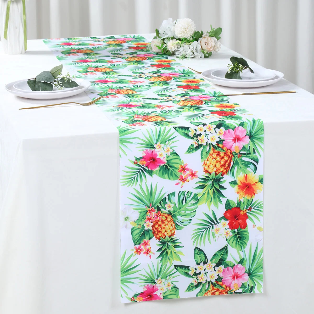 Summer Hawaiian Flower Table Runner, Flamingo Birthday Party Decor for Kids, Aloha Hawaii Tropical Party Supplies, Dining Table Decor