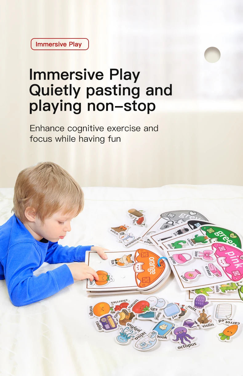 Livre silencieux pour bébés, jouet éducatif, apprentissage précoce, reconnaissance des couleurs avec Velcro, bâton réutilisable, Pages de pelage, jeu interactif