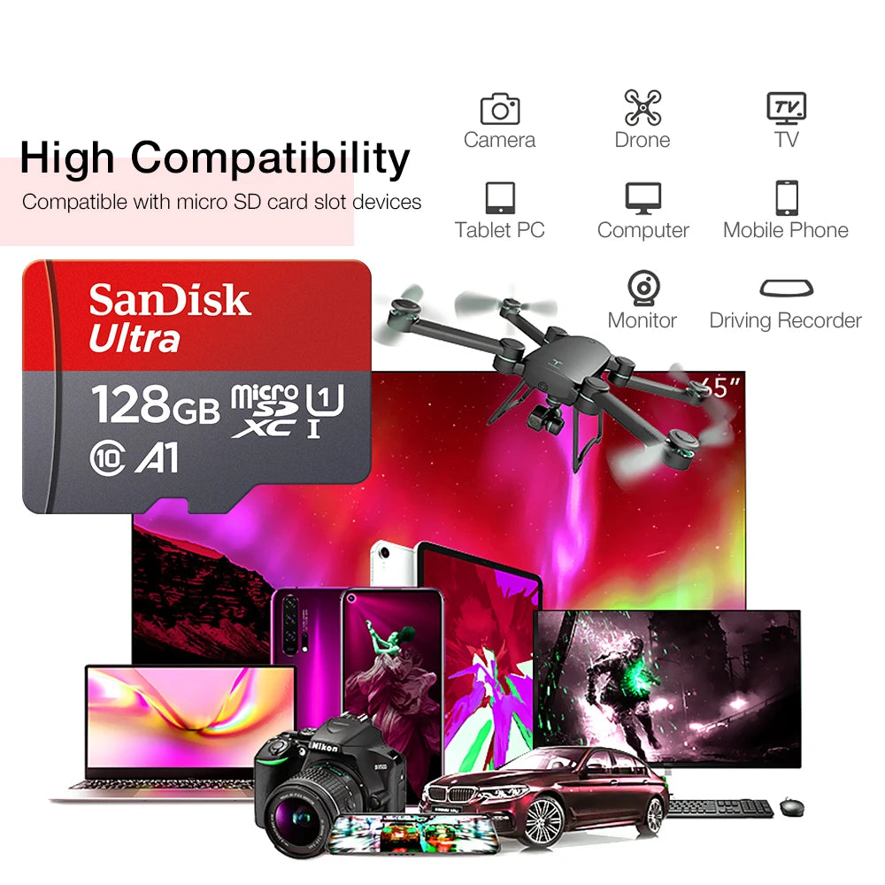 Sandisk carte Micro SD Ultra 32G 64G 256G carte mémoire 1 to C 10 512G Original 128G carte Flash Trans pour Smartphone bureau Nintend