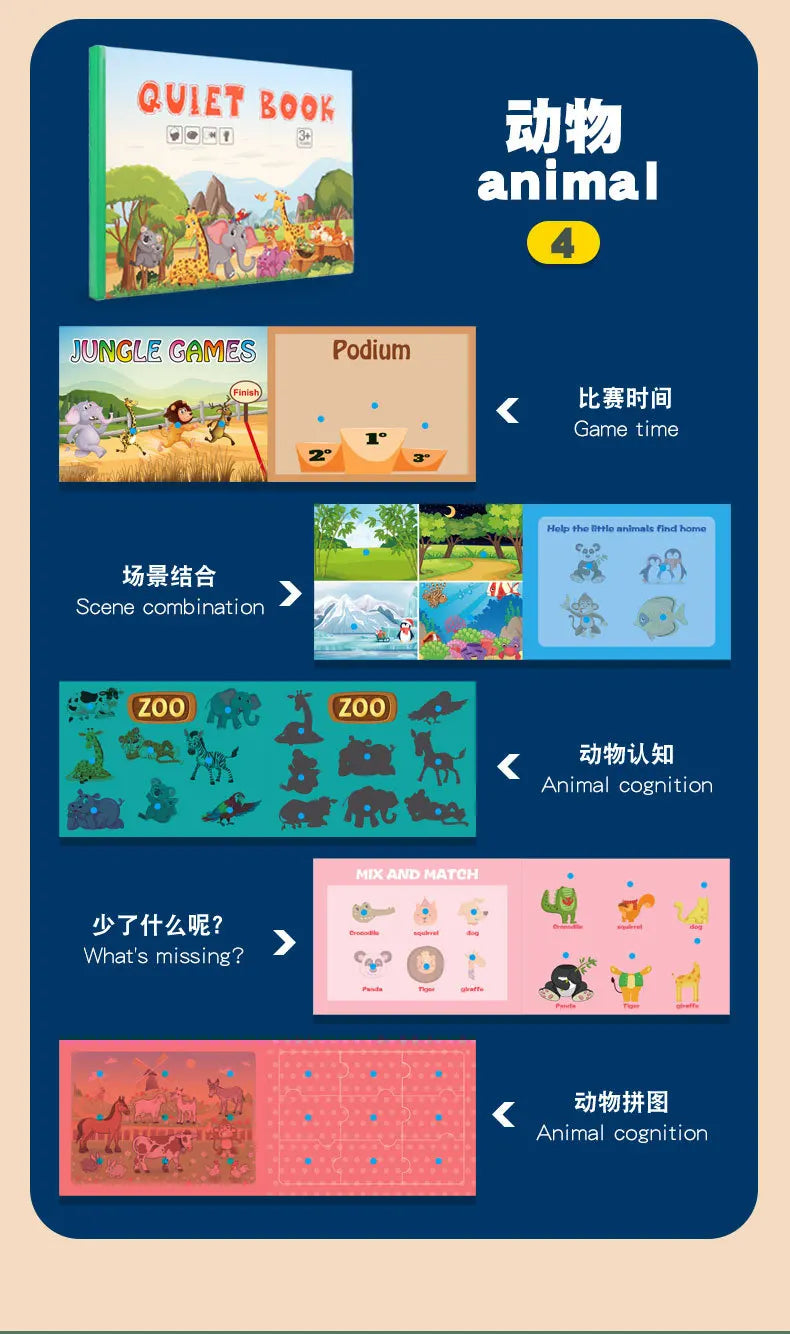 Livre occupé Montessori pour enfants en bas âge, jouets éducatifs pour bébés, livre silencieux, chiffres d'animaux, puzzle assorti