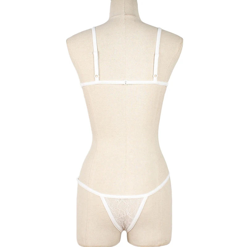 Ensembles de Lingerie érotique pour femmes, jarretelles en dentelle, soutien-gorge et culotte transparents, Costumes Porno féminins, col licou en V profond, ensemble de sous-vêtements Sexy