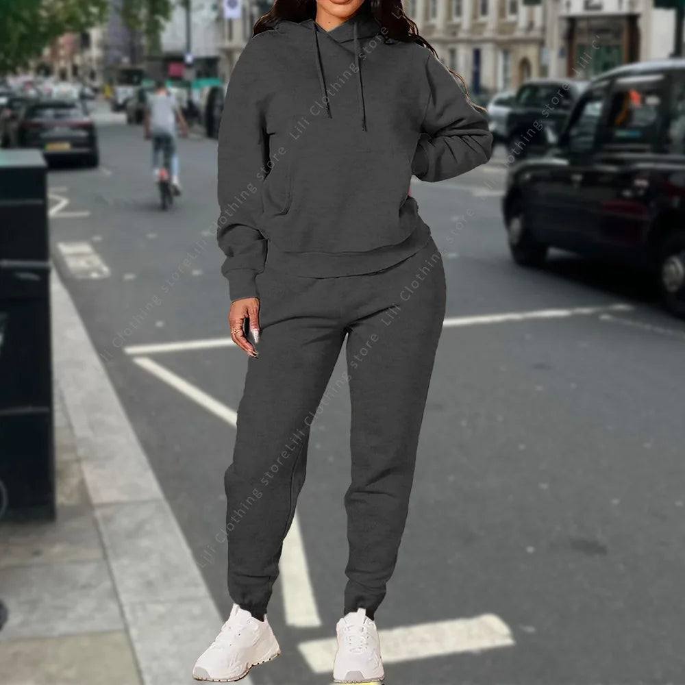 Ensemble deux pièces à capuche et pantalon pour femme, basique, vierge, automne-hiver, sweat-shirt surdimensionné, coupe ample, survêtement féminin