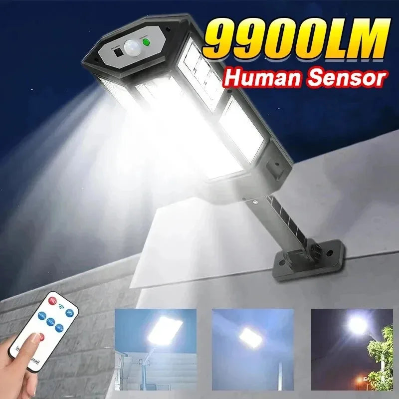 The latest solar LED light, 9900LM, outdoor solar motion sensor lamp, 4 modes, IP65 waterproof, solar garden light, street/courtyard lantern