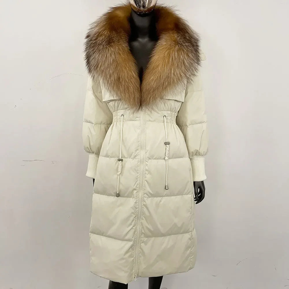 Doudoune longue avec col en fourrure pour femme, pardessus en fourrure de renard, longueur aux genoux, à la mode, chaude, cintrée à la taille, vêtements d'extérieur amincissants