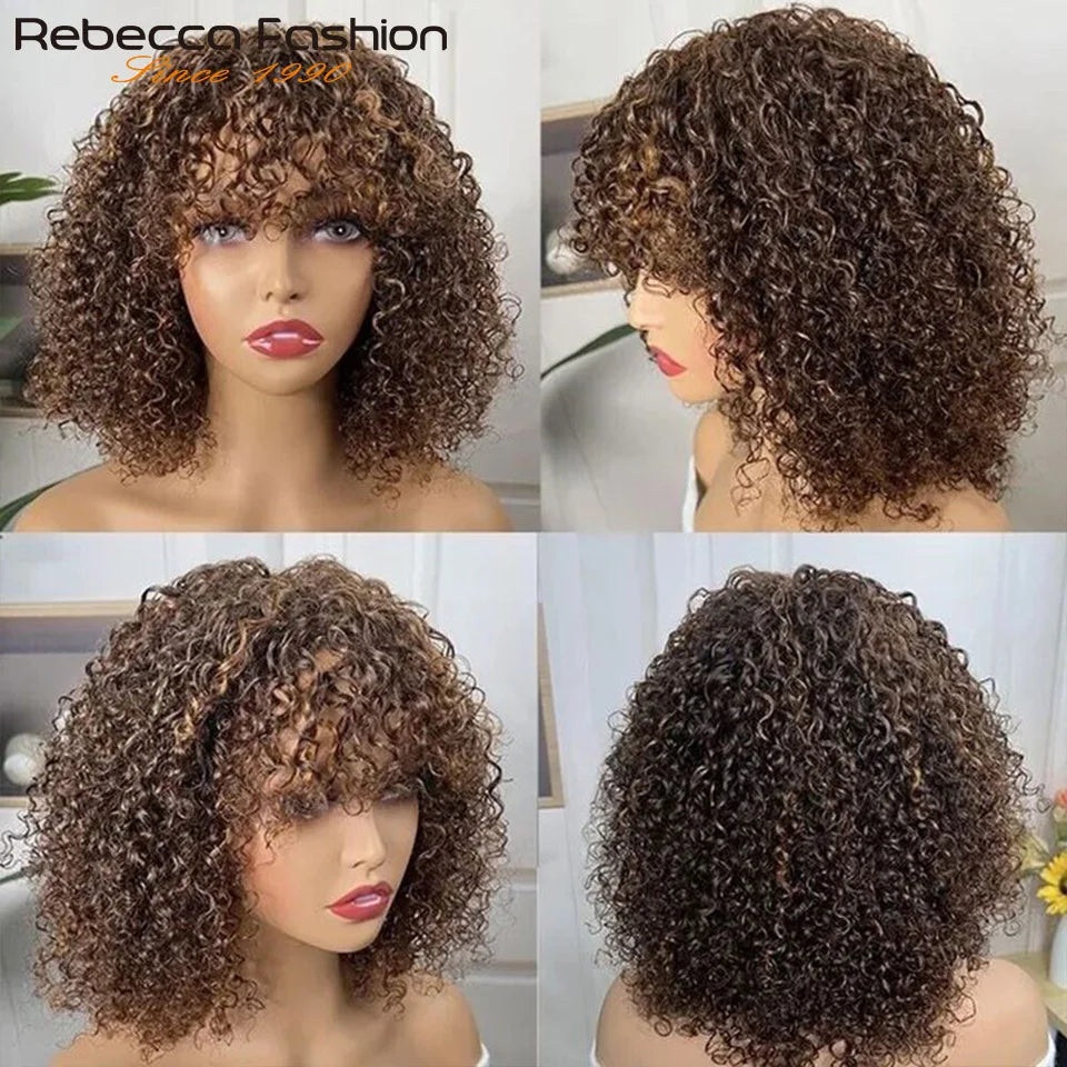 Perruques de cheveux humains Pixie Cut Bob avec frange pour femme, perruque pleine machine bouclée, surbrillance, couleur blond miel, court, caution