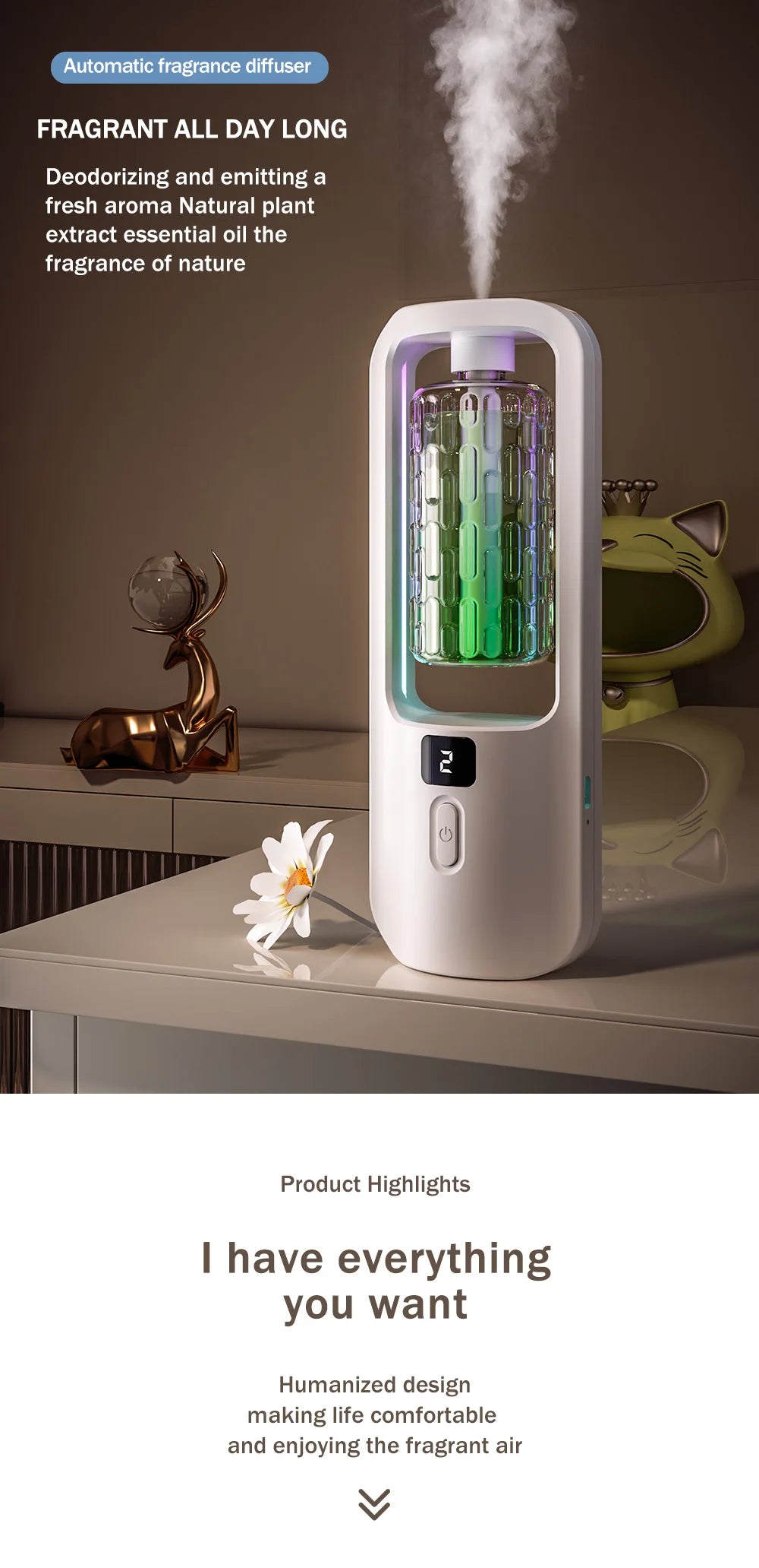 Diffuseur d'aromathérapie automatique pour éliminer les odeurs, adapté à un usage domestique, avec de l'huile essentielle pour le rafraîchissement de l'air.