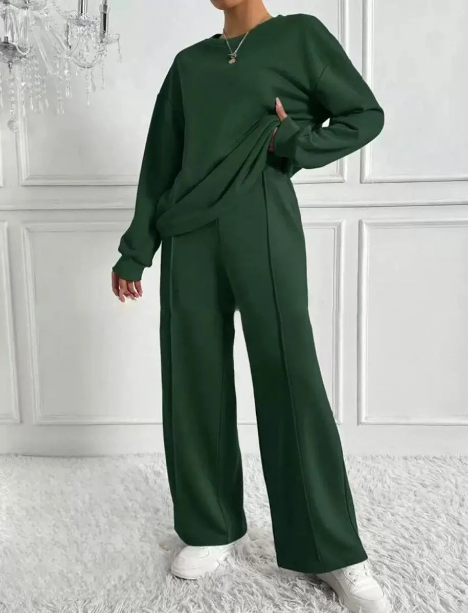 Ensemble deux pièces pour femmes, décontracté, col rond, manches longues, sweat-shirt, pantalon à jambes larges, costumes automne hiver, mode dames, tenue de bureau