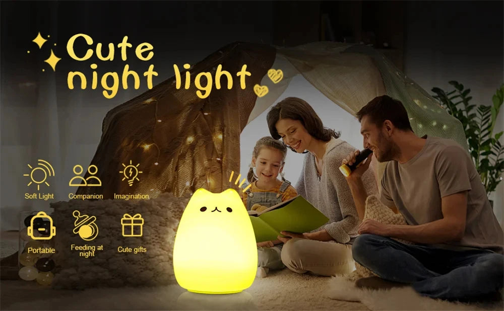 Veilleuse chat pour enfants lampe de nuit mignonne pour pépinière Squishy Silicone chat tactile lumières Portable cadeau pour enfants bébé enfants