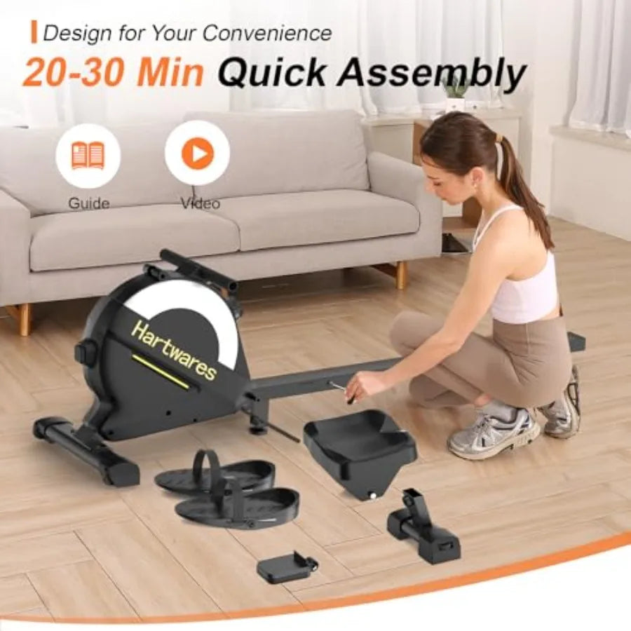 Magnetic rowing machine for home use, with a 77 lb high-resistance rower, 16 resistance levels, and quiet operation.