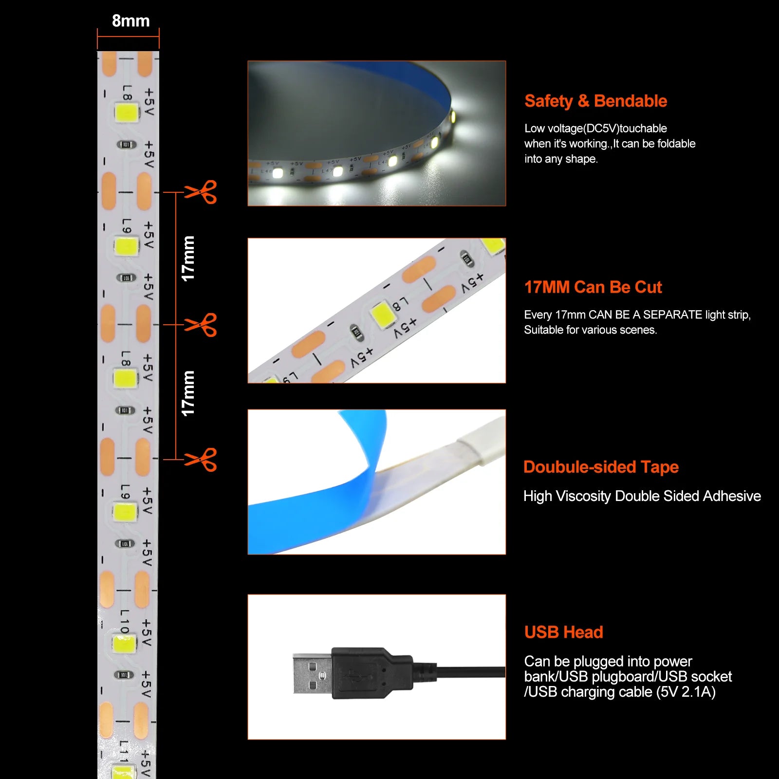 Bande lumineuse Led USB 5V SMD 2835, 60 diodes/m, ruban Flexible, éclairage de fond TV, 1M 2M 3M 5M, guirlande lumineuse LED, décoration de salle