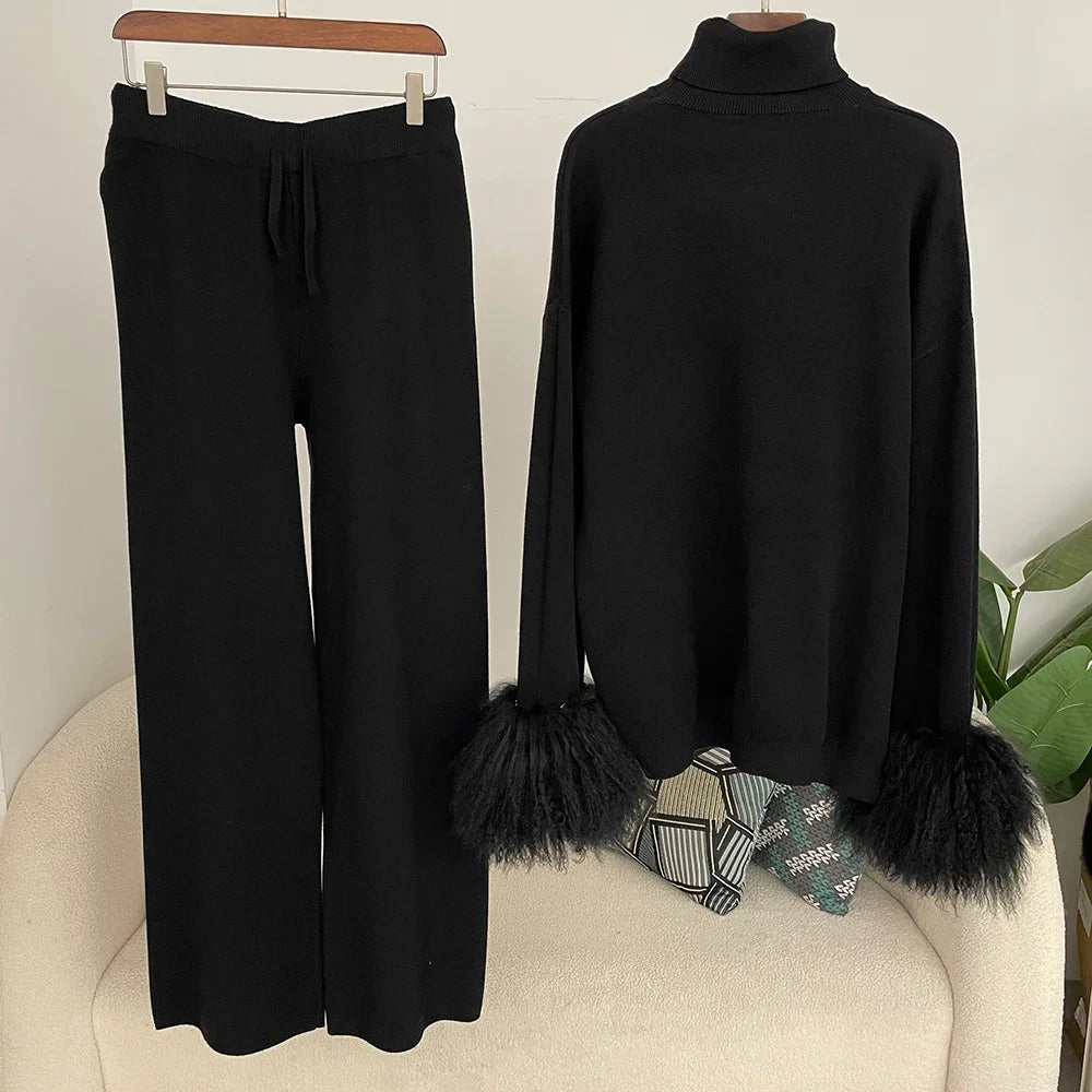 Ensemble pull et pantalon tricotés en laine et mélange pour femme, avec poignets en vraie fourrure de mouton mongole, costume tricoté de haute qualité 2025