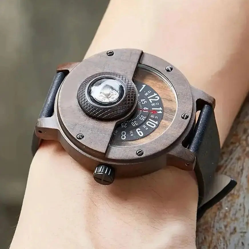 Montre en bois naturel pour hommes, Table rotative, cadran boussole, véritable bois de noyer, ébène, bambou, Concept marron, montre à Quartz