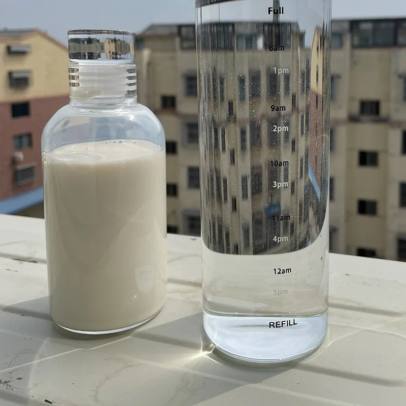 Bouteille d'Eau en Verre de Grande Capacité avec Couvercle Marqueur de Temps, pour Eau, Lait Transparent, Jus, Tasse Simple, Cadeau d'Anniversaire