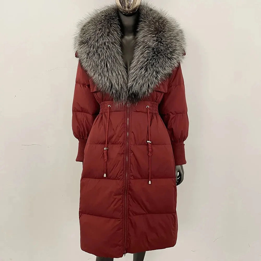 Doudoune longue avec col en fourrure pour femme, pardessus en fourrure de renard, longueur aux genoux, à la mode, chaude, cintrée à la taille, vêtements d'extérieur amincissants