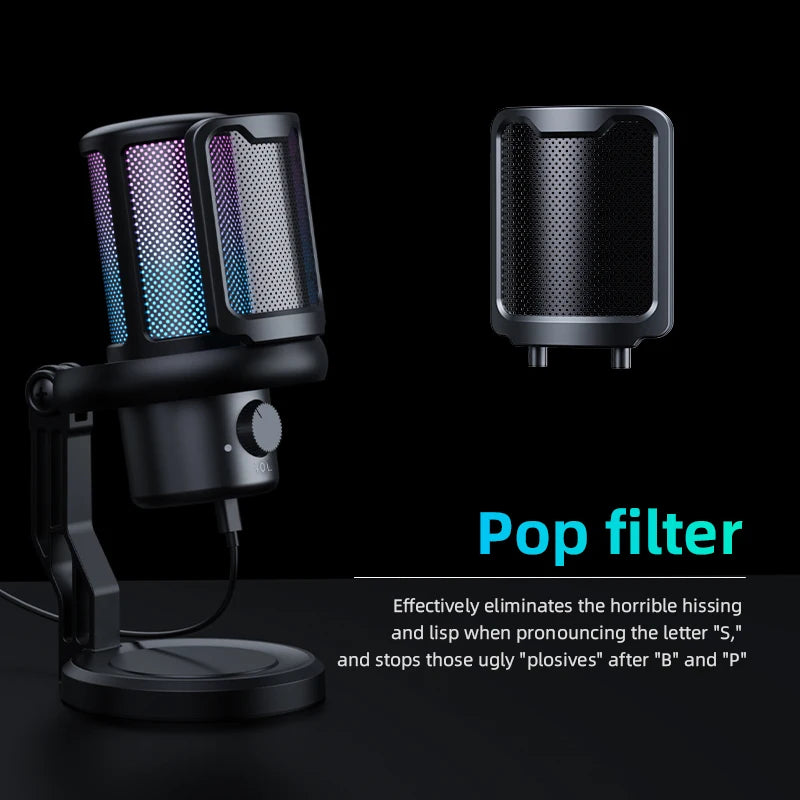 Microphone USB pour PC, Microphone de jeu RGB avec sortie casque et bouton tactile muet, suppression du bruit pour l'enregistrement de Streami