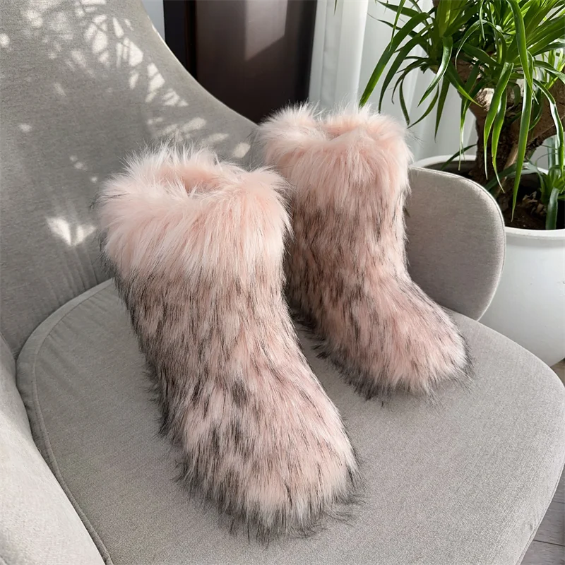 Nouveau Hiver fourrure une pièce fourrure de raton laveur femme bottes de neige chaussures de fourrure en plein air mi jambe bottes