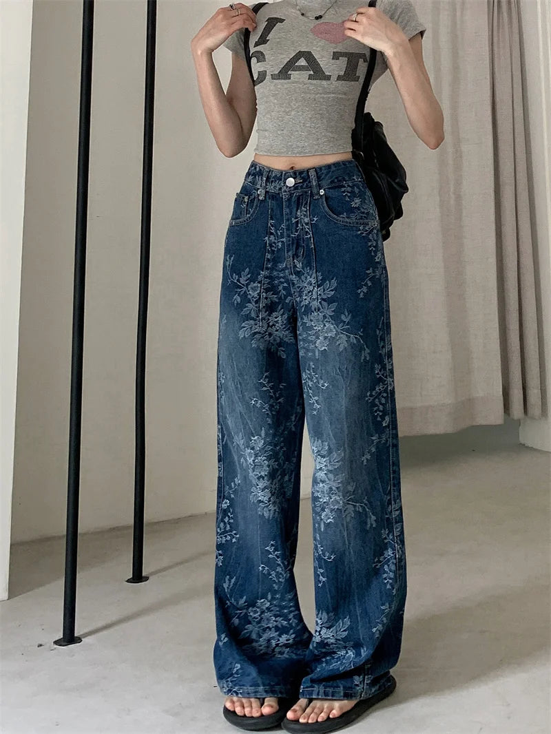 2025 Premium Y2K Jeans - Pantalon Palazzo en Denim vieilli imprimé floral artistique décontracté à jambe droite 2664