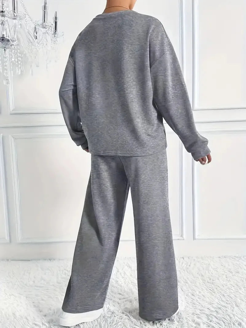 Ensemble deux pièces pour femmes, décontracté, col rond, manches longues, sweat-shirt, pantalon à jambes larges, costumes automne hiver, mode dames, tenue de bureau