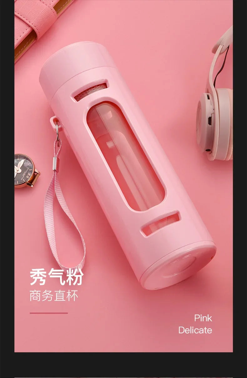 400, 600, 800, 1000ml glass bottle/cup with filter cord, plastic case, glass cup, water bottle, business gift, black/blue