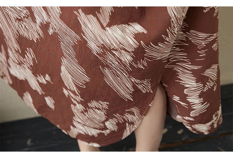Summer commute. Cotton linen print loose long dress with high neck A-line skirt. Seven long dresses available in plus sizes.