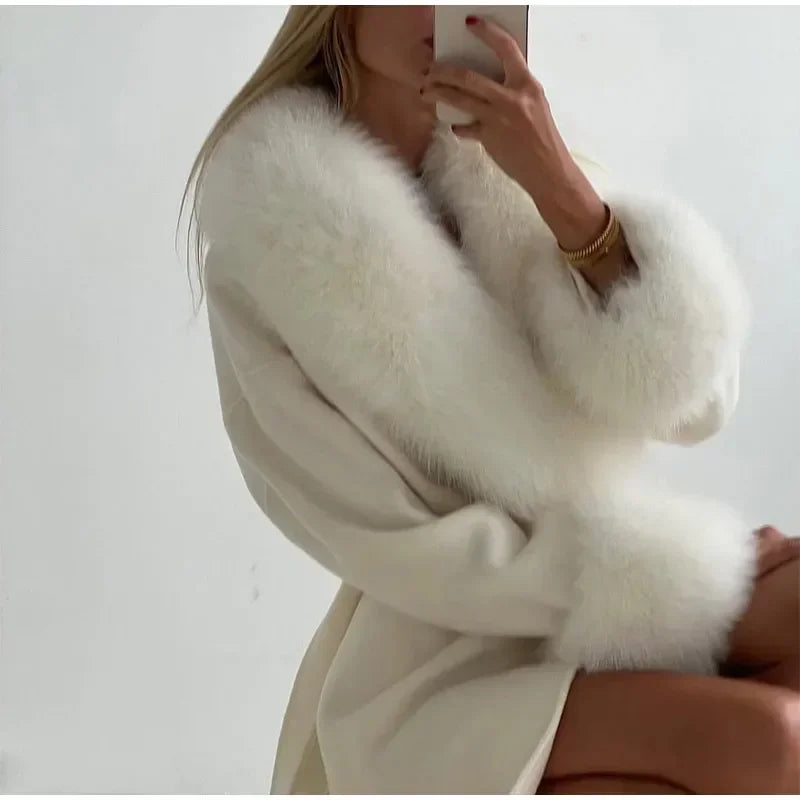 Manteau en laine pour femmes, Patchwork de fourrure solide, mode, manches longues, col en v, à lacets, pardessus Long ample, automne, bureau, vêtements d'extérieur pour dames