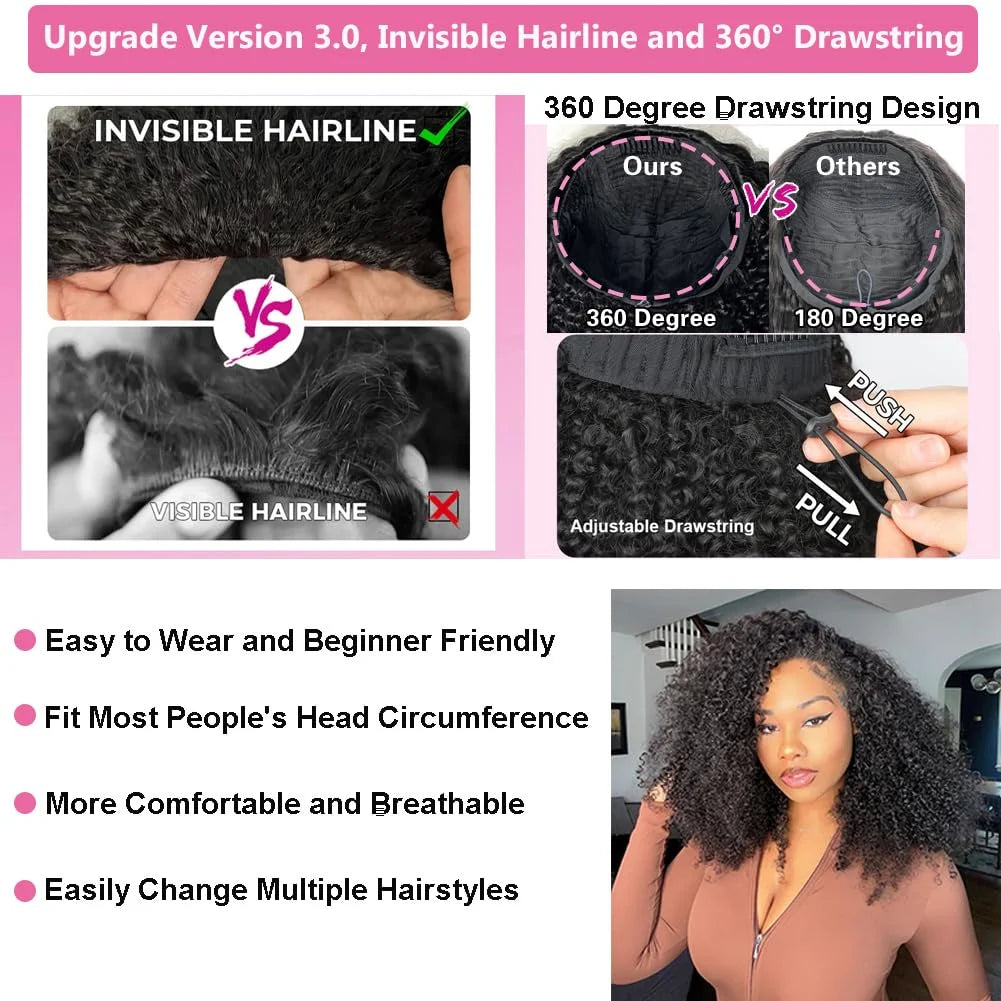 Crépus bouclés rabat sur perruque de cheveux humains demi perruques 250 densité 3 en 1 sans couture débutant amical sans colle porter et aller perruque bouclée