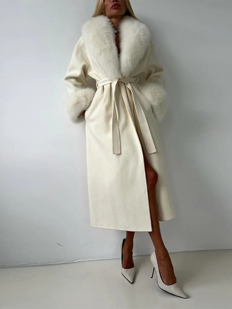 Manteau Long à lacets pour femme, manteau de bureau élégant en laine, fourrure, Patchwork, manches longues, vestes Cardigan amples, nouvelle collection 2025