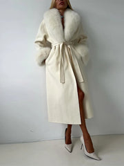 Manteau Long à lacets pour femme, manteau de bureau élégant en laine, fourrure, Patchwork, manches longues, vestes Cardigan amples, nouvelle collection 2025
