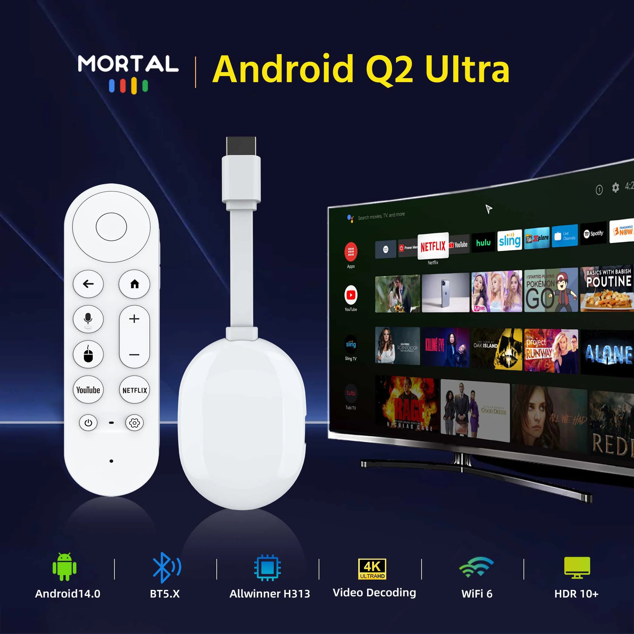 Android TV Stick Smart 4K Home cinéma Mortal Q2 ultra AllwinnerH313 Netflix YouTube Wifi6 Bluetooth Chromecast télécommande vocale