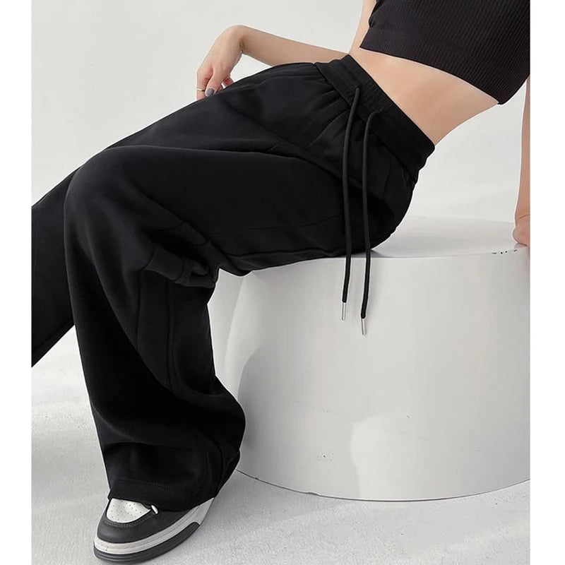 Femme classique coréen taille haute pantalons de survêtement femmes coupe ajustée pantalon confortable filles jambe droite mince pantalons décontractés