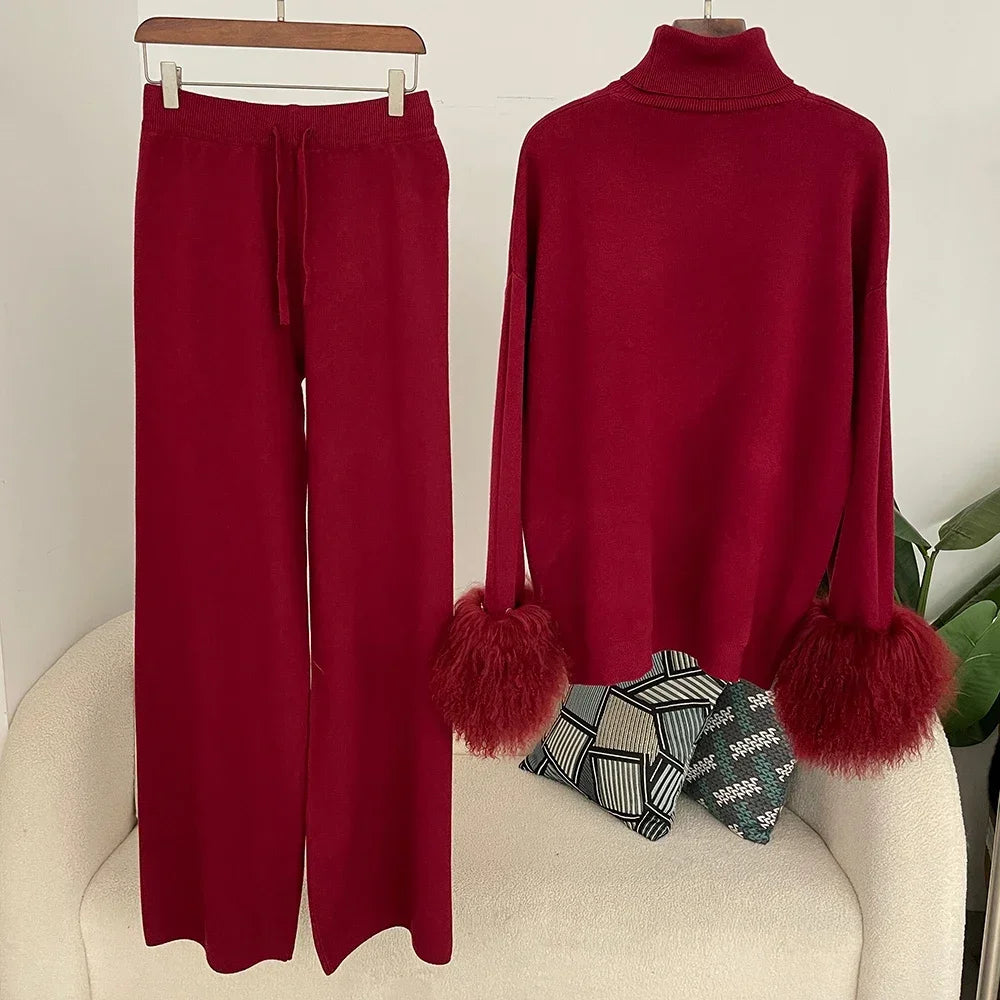 Ensemble pull et pantalon tricotés en laine et mélange pour femme, avec poignets en vraie fourrure de mouton mongole, costume tricoté de haute qualité 2025