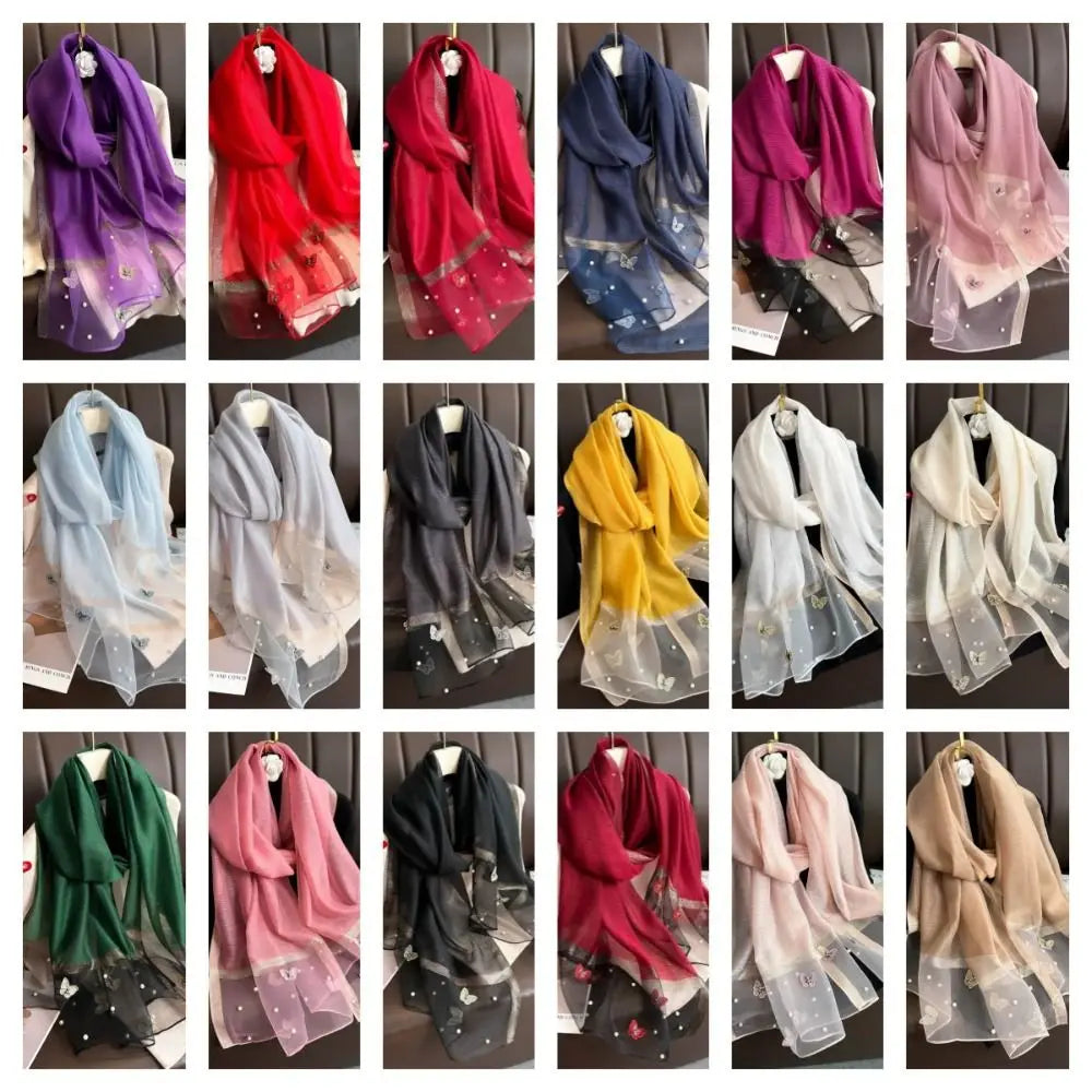 Grand Foulard Fin et Élégant avec Broderie Papillon, Châle Hijab de Luxe pour Femme