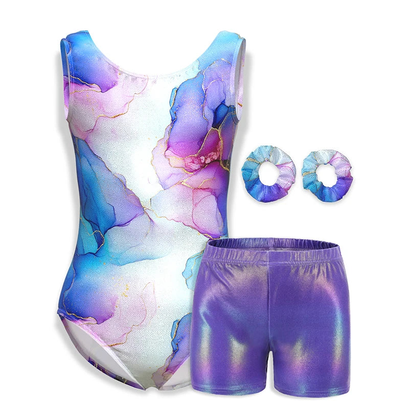 Justaucorps de gymnastique pour filles, vêtements de danse pour enfants avec short assorti, bandeau pour enfants