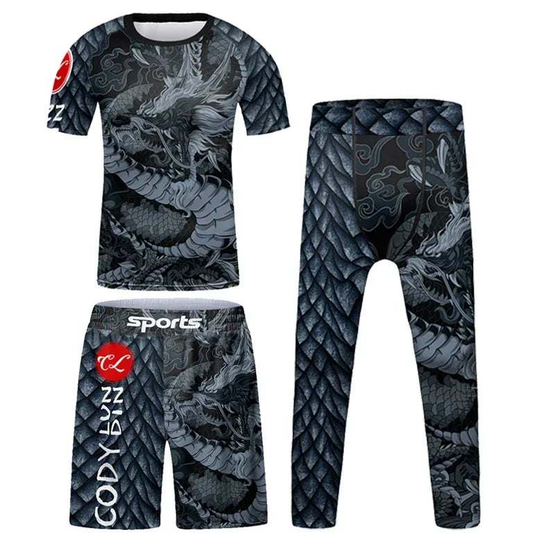 Vêtements de sport à compression pour enfants, survêtement de course pour garçons, ensemble t-shirt et pantalon Muay Thai, MMA BJJ Training Sportedly