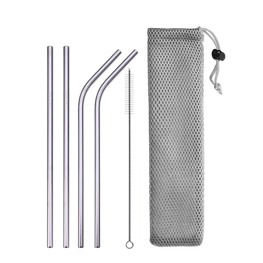 Paille à boire réutilisable en acier inoxydable 304, paille métallique droite et courbée avec pochette pour brosse de nettoyage, vente en gros