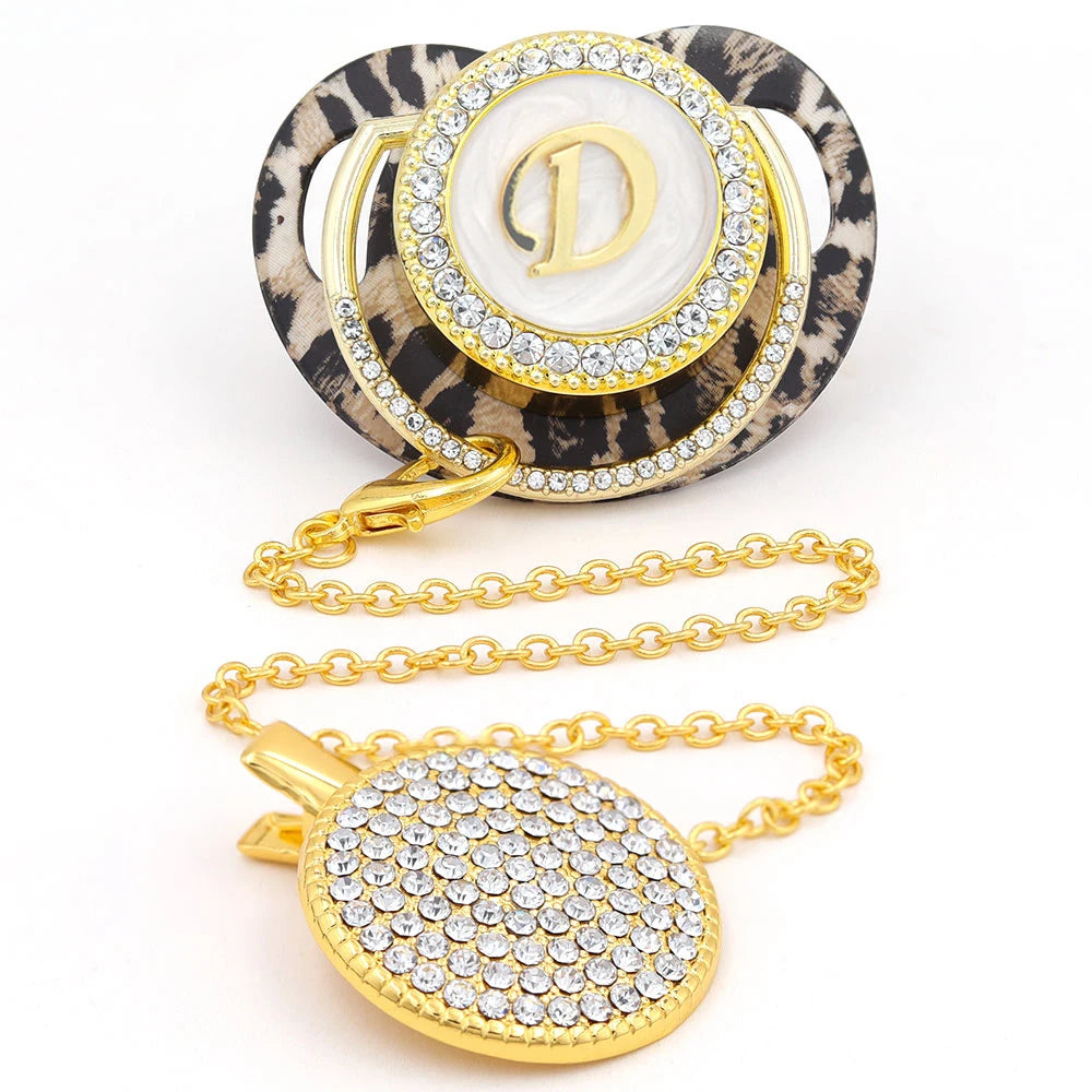 Sucette bébé Bling léopard or attache-sucette 24 nom lettre initiale sans BPA Silicone infantile mamelon factice sucette Chupete