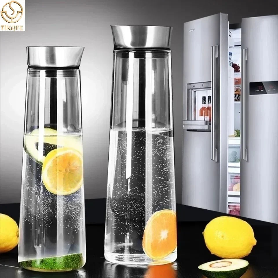 Pichet en verre avec couvercle pour réfrigérateur, Carafe en verre pour eau chaude/froide, boit du thé glacé, du café, du jus et des boissons faites maison, 1,5 l, 52 oz