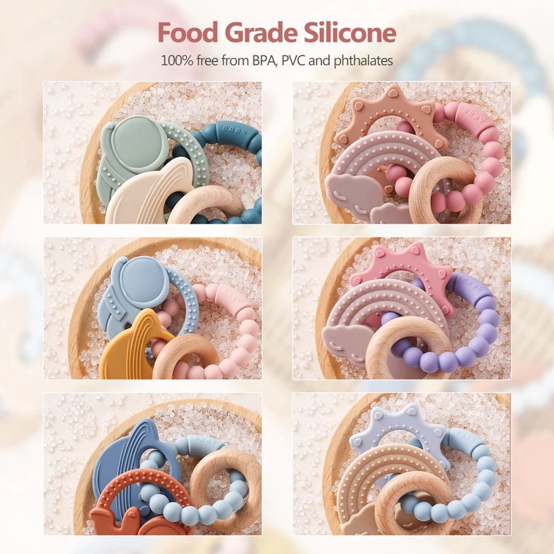 Anneau de dentition en Silicone pour bébé, 1 pièce, sans BPA, Bracelet en Silicone, feuille, jouets de dentition, anneau en bois, dent d'allaitement, jouets cadeaux pour nouveau-né