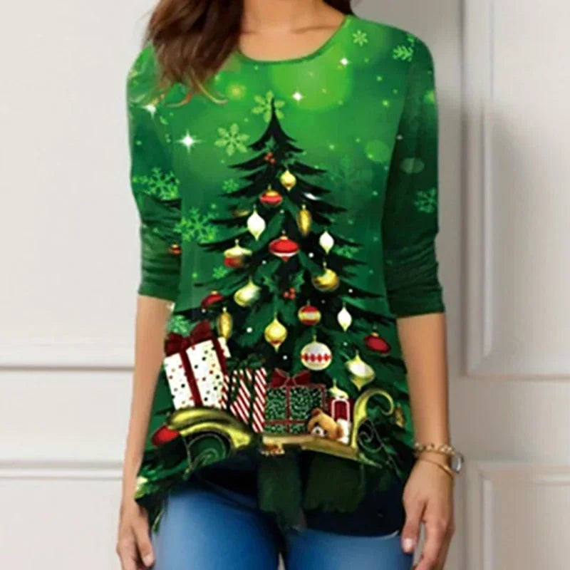 Arbre de noël femmes t-shirt mode col rond à manches longues hauts chemises impression 3D décontracté Harajuku femme grande taille vêtements