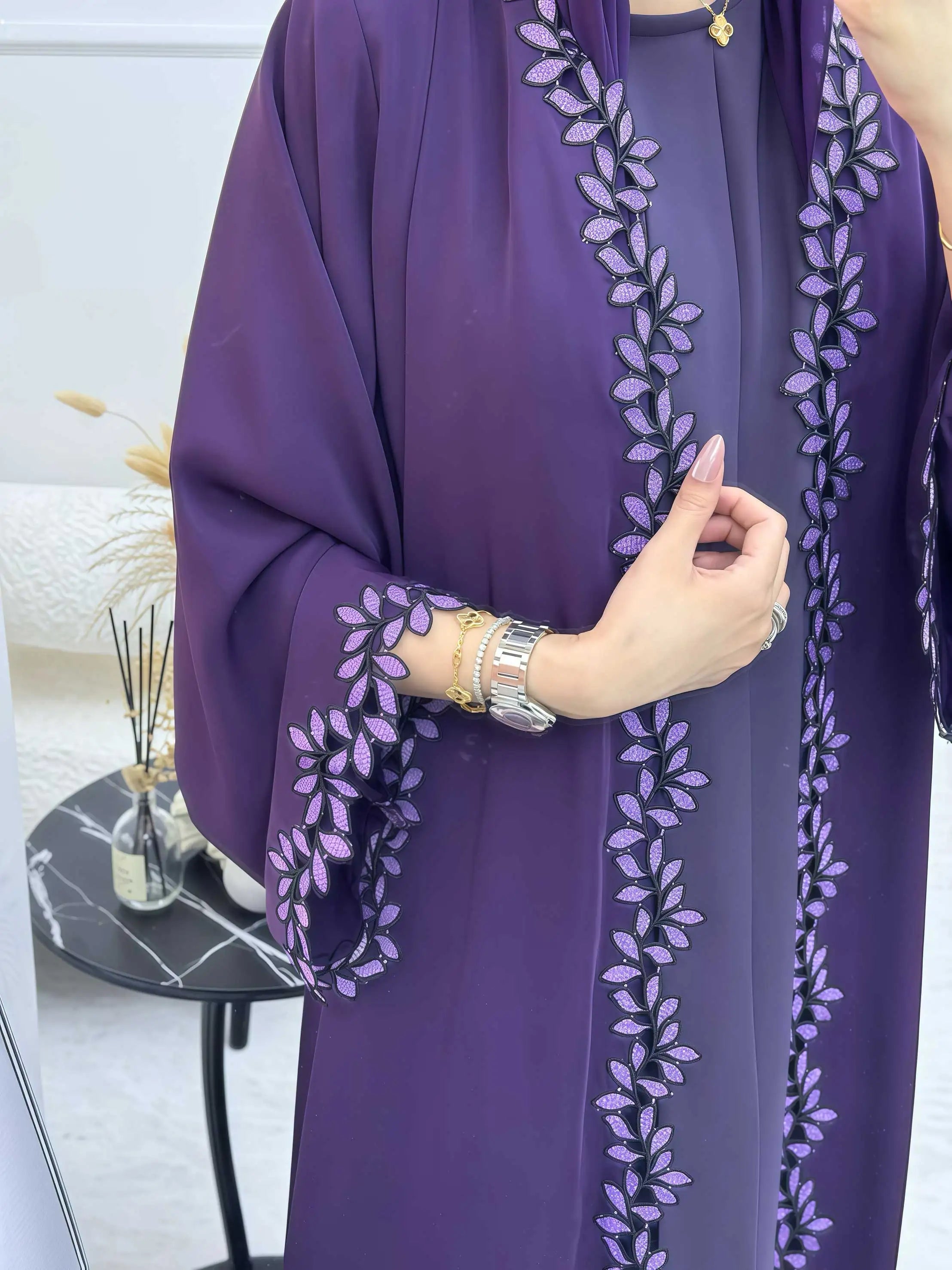 Elegant beige abaya from Dubai for Muslim women – Designed with a piece of multicolored embroidery in modest Islamic fashion