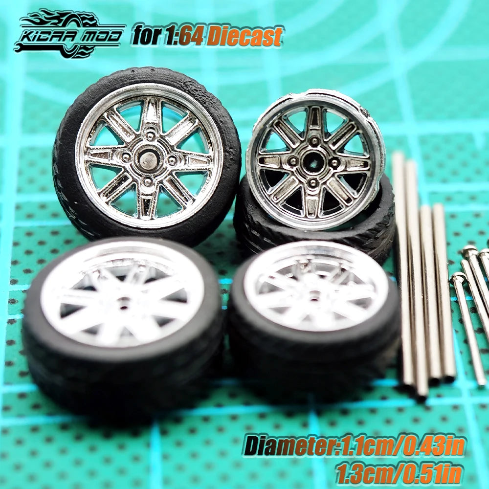 KicarHapp1/64-Jantes Métalliques ABS avec Caoutchouc pour Voiture Miniature, Pièces de Réaménagement Avant, Petite et Arrière