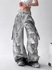 Femmes jean pantalon américain haute rue déchiré droit jambe large jean pour femmes conception cravate-teinture Jazz danse Cargo pleine mince jean