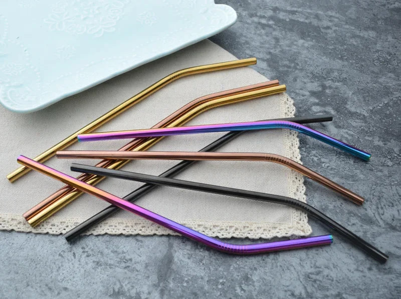 Paille à boire réutilisable en acier inoxydable 304, paille métallique droite et courbée avec pochette pour brosse de nettoyage, vente en gros