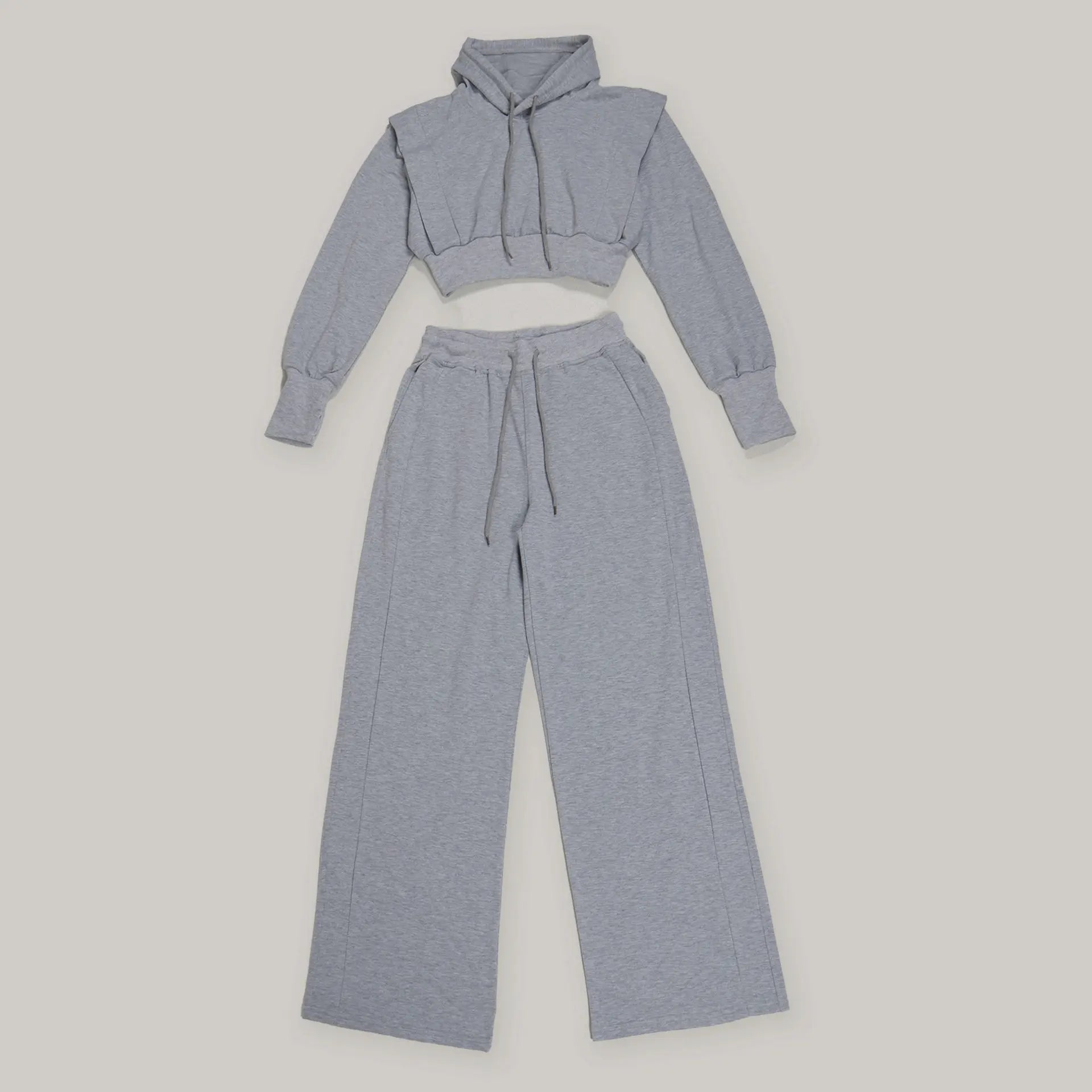 HLJ-Ensemble Deux Pièces Gris Décontracté pour Femme, Haut Court à Manches sulf, Pantalon à Jambes Larges, Survêtement Féminin