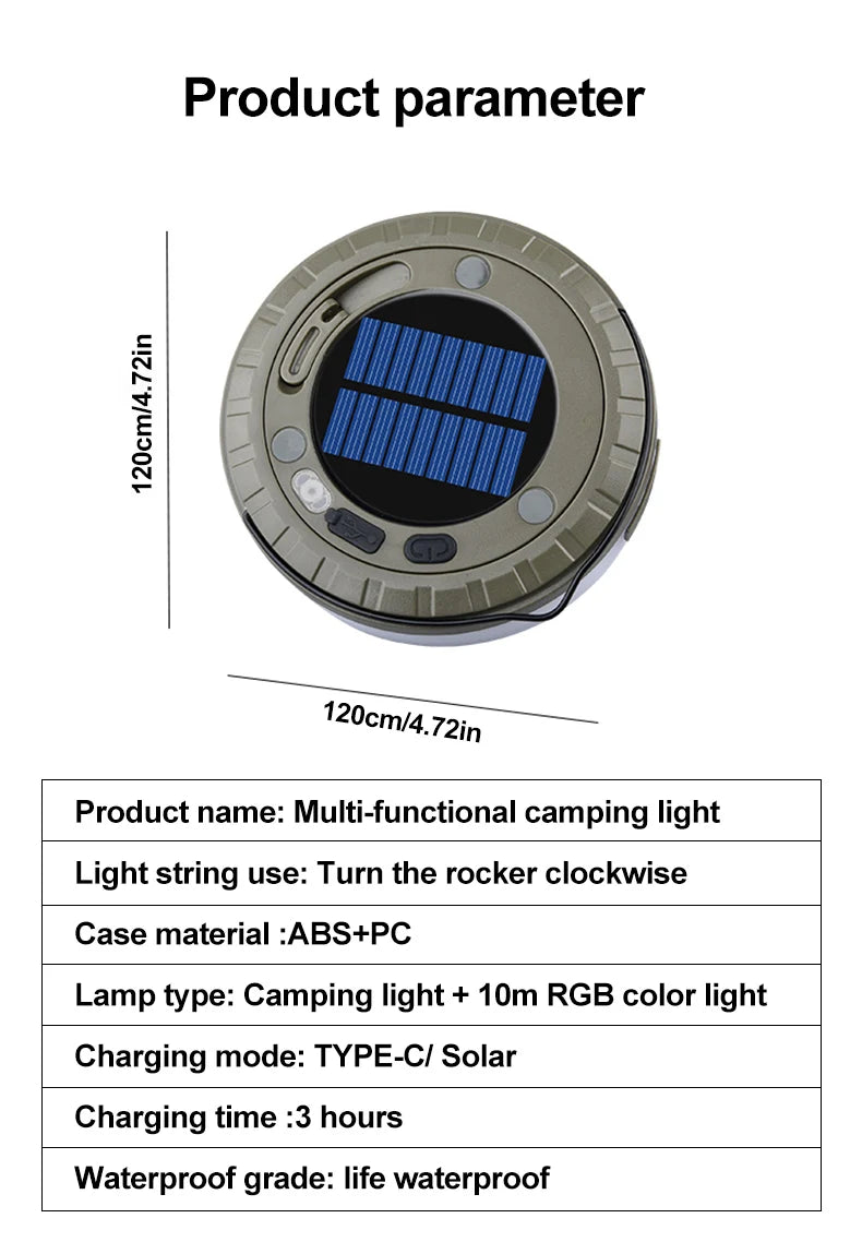 Guirxiété Solar Light for Outdoor Camping, LED Flashlight with Hook, Tent Light, RGB Lights, Stopovers, 10m