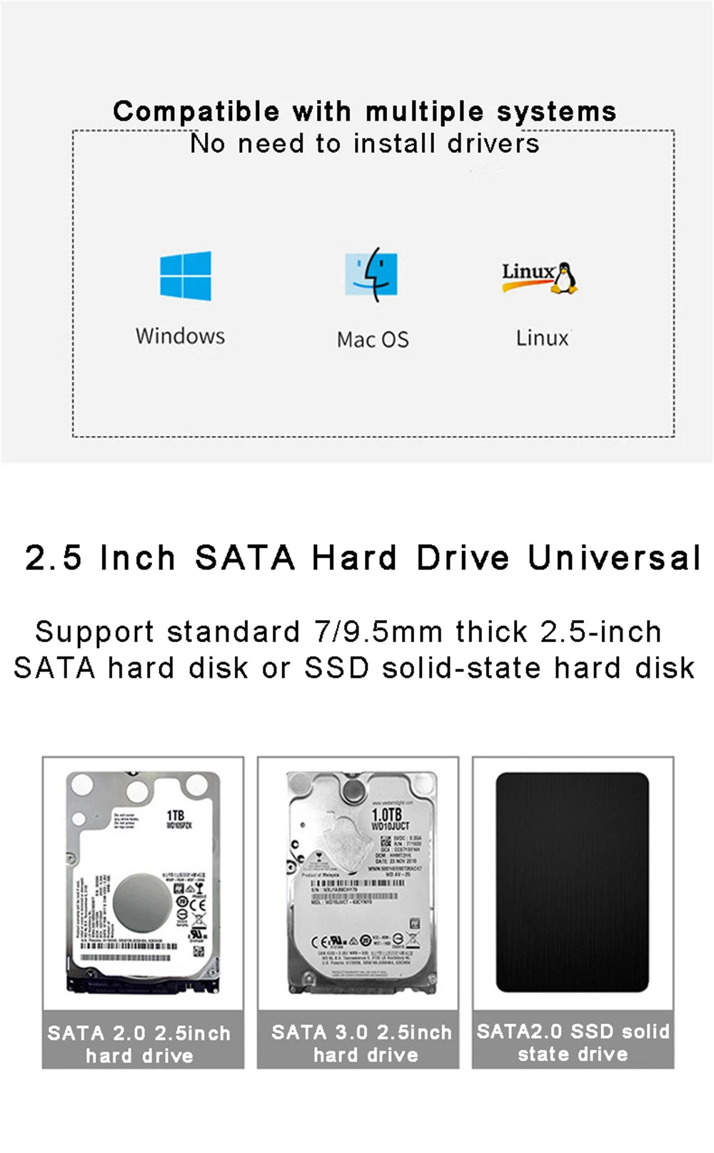 Boîtier de disque dur USB 3.0, boîtier de disque dur SATA SSD de 2.5 pouces avec vitesse de transfert de 5Gbps, boîtier externe Mobile, câble de boîtes de disque dur