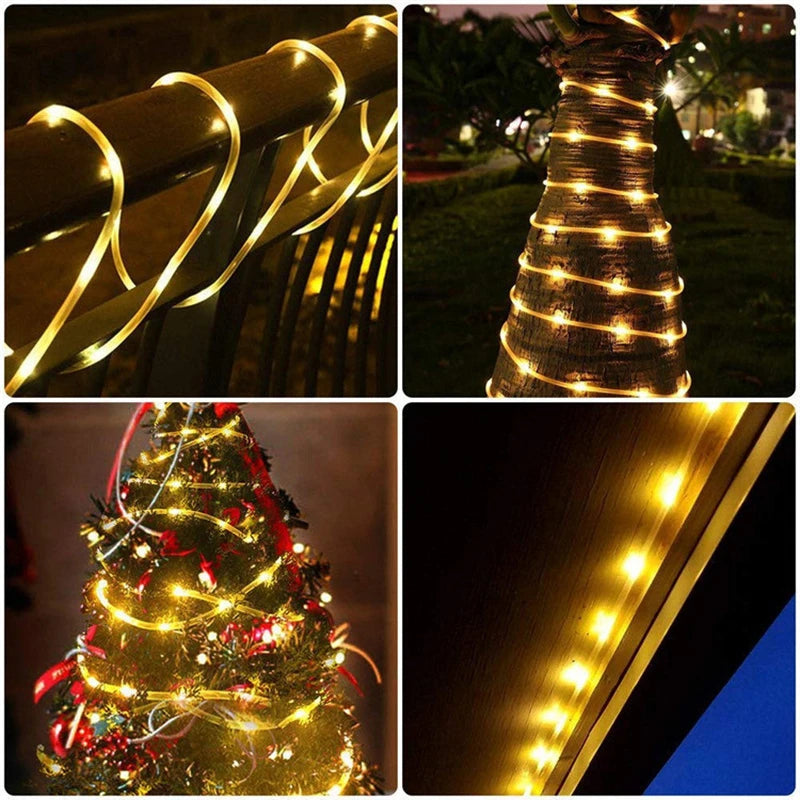 Solar string lights, outdoor tube rope lights, waterproof tube lights for outdoor home, garden, parties, and decorations. LED outdoor lights.