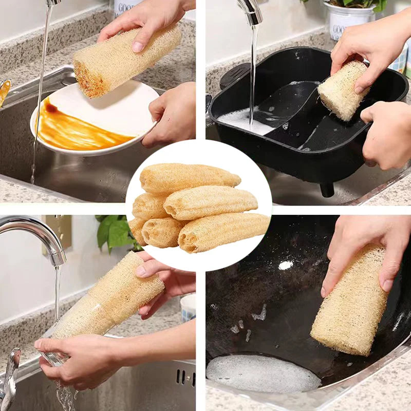 Éponge Loofah Luffa naturelle, biodégradable, forte, nettoyage, longue, antiadhésive, artefact de vaisselle, Pot, brosse, serviettes de vaisselle