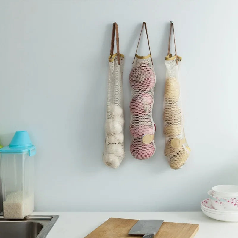 Sac de rangement réutilisable pour fruits de cuisine, sacs d'épicerie, fourre-tout en maille, organisateur d'oignons